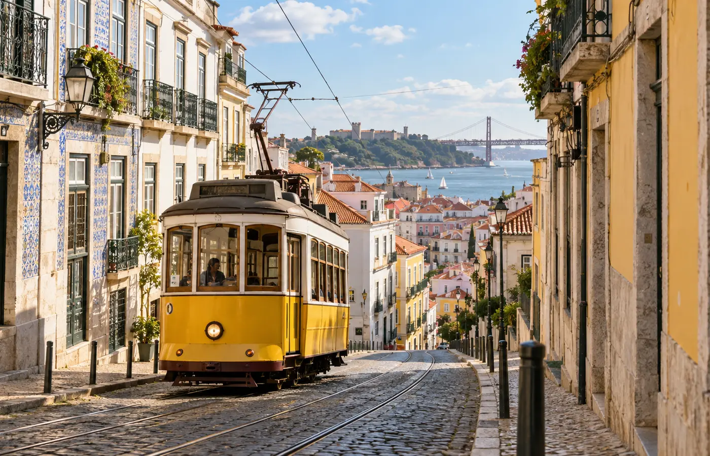 Tramway dans une rue de Lisbonne